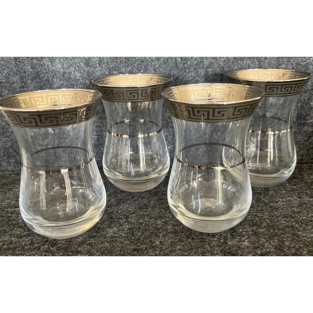 VTG Mid Century Retro Turkish PASABAHCE Silver Trim Tea Cordial Glass Set of 4